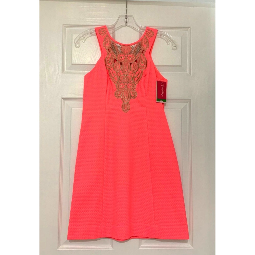 NWT Lilly Pulitzer Embroidered Cut-Out Largo Shift Dress Pink Sun Ray 00 0 Coral
